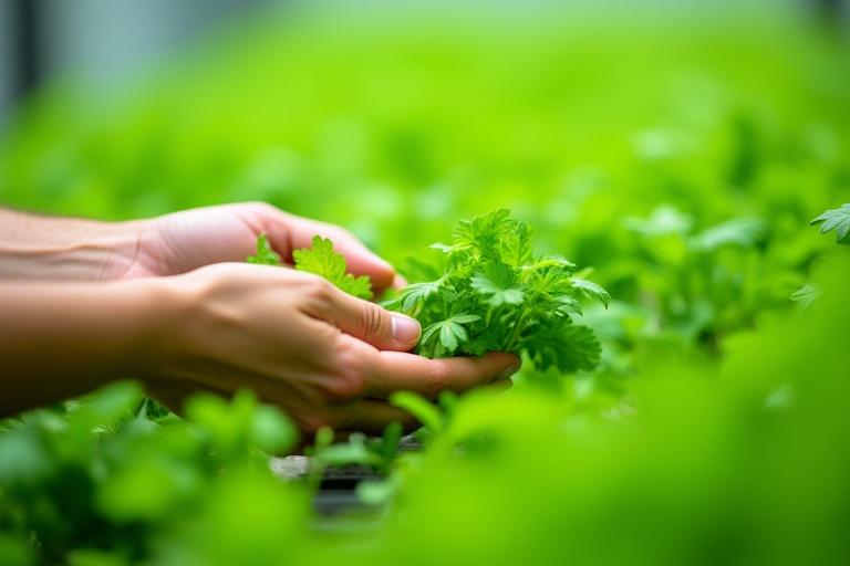 Close-up of fresh green herbs being carefully harvested or prepared